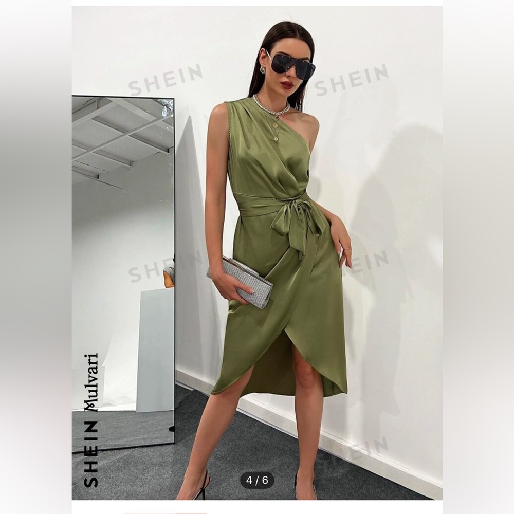 Olive One Shoulder Wrap Hem Belted Satin Dress (S)